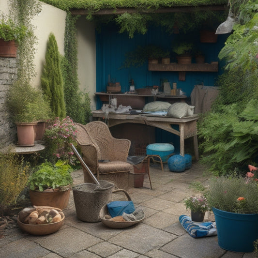 A cluttered patio with old furniture and overgrown plants, surrounded by scattered tools and materials, including a wheelbarrow, trowel, level, and bags of gravel, with a faint outline of a renovated patio in the background.