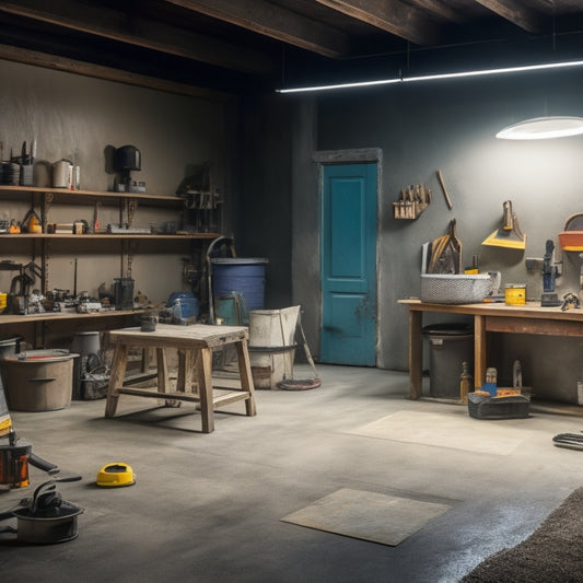 A well-lit, clutter-free workshop with a sealed cement floor renovation in progress, featuring a variety of tools and equipment, including a grinder, trowel, and safety gear, amidst a backdrop of renovation materials.