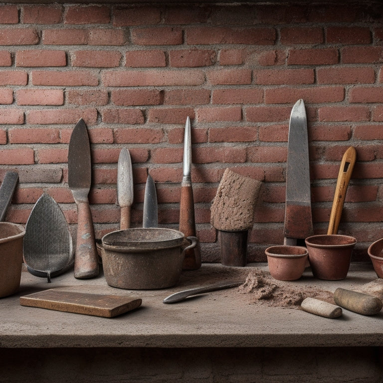 A worn, rustic brick wall with crumbling mortar, next to a selection of five trowels with varying handle materials and blade shapes, on a weathered wooden workbench.
