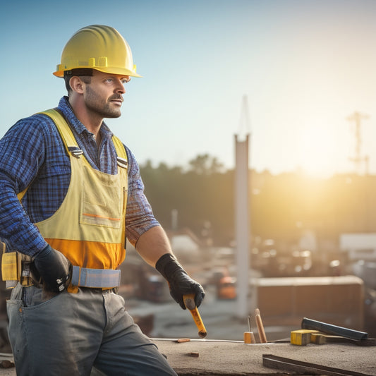 A photograph of a construction worker standing on a sturdy scaffold, wearing a hard hat and harness, surrounded by tools and materials, with a blurred background of a residential renovation site.