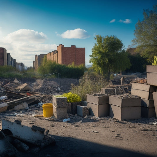 An image of a messy construction site with old cinder blocks scattered around, some broken, some stacked, amidst renovation debris, with a few blocks in the foreground being repurposed as a planter or bench.