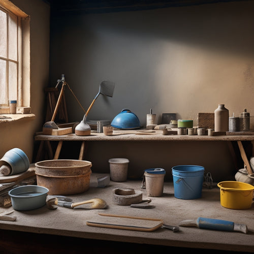 An illustration of a tidy workspace with various plastering tools and materials, including a mixing bucket, trowel, sandpaper, and joint compound, surrounded by partially plastered walls and a ladder.