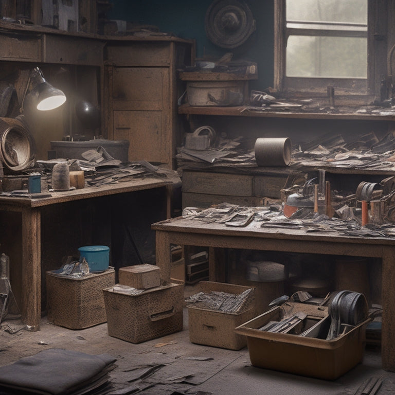 A cluttered workshop with a half-assembled cabinet, scattered tools, and a measuring tape coiled around a hammer, surrounded by torn-out magazine pages and crumpled blueprints.