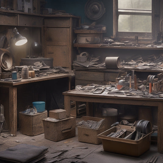 A cluttered workshop with a half-assembled cabinet, scattered tools, and a measuring tape coiled around a hammer, surrounded by torn-out magazine pages and crumpled blueprints.