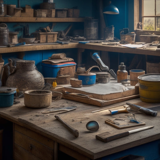A cluttered workbench with various filling tools laid out, including putty knives, scrapers, and trowels, with a magnifying glass and a checklist clipboard in the background, surrounded by scattered renovation materials.