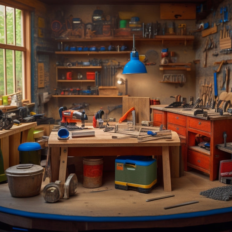 A clutter-free workshop with a wooden workbench, surrounded by organized tools and renovation materials, including a circular saw, drill, level, hammer, and a miniature house model in the center.