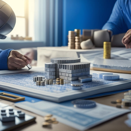 An illustration of a person holding a blueprint, surrounded by blocks of varying sizes and materials, with a calculator and coins scattered around, set against a background of a partially constructed room.