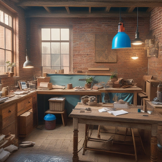 A cluttered but organized workspace with a wooden table, scattered power tools, and rolls of blueprints, surrounded by partially renovated rooms with exposed brick and wooden beams.