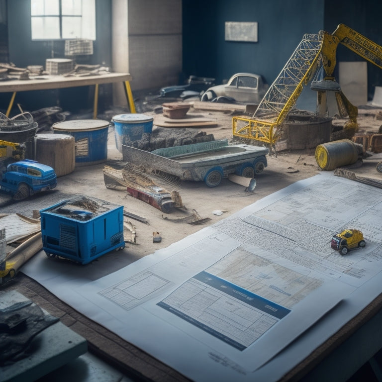 A cluttered construction site with scattered blueprints, tools, and materials, contrasting with a clean and organized digital dashboard displaying a 3D home model, timelines, and task assignments.