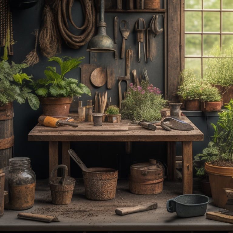 A cluttered, rustic wooden workbench with a variety of hand tools scattered across it, including a trowel, pruners, cultivator, and gloves, surrounded by potted plants and a garden renovation blueprint.