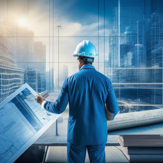 An illustration of a person standing in front of a blueprint-covered wall, holding a tablet and pencil, surrounded by rolled-up blueprints, construction helmets, and a calculator, with a cityscape or construction site in the background.