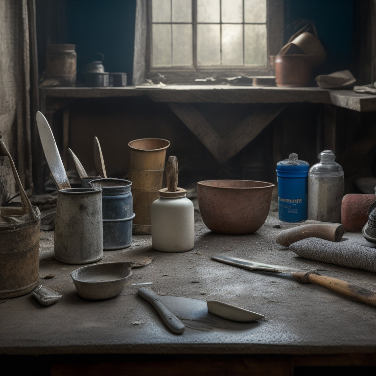 A messy workshop table with a bucket of mixed plaster, a putty knife with a worn wooden handle, a hawk with a freshly loaded plaster-covered blade, and a trowel with a straight edge.