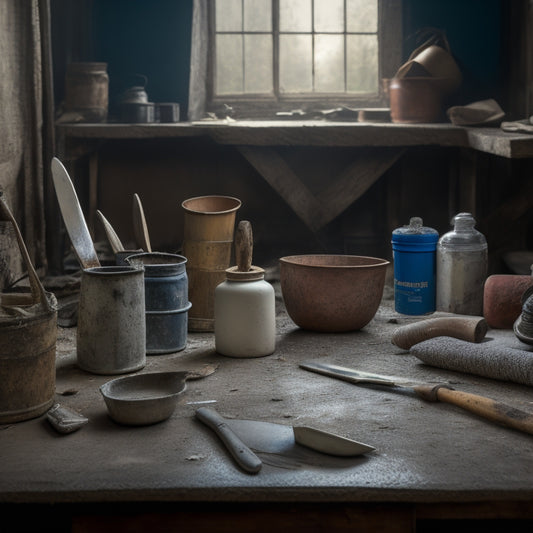 A messy workshop table with a bucket of mixed plaster, a putty knife with a worn wooden handle, a hawk with a freshly loaded plaster-covered blade, and a trowel with a straight edge.