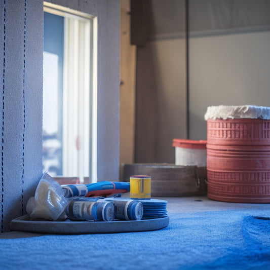 A close-up of a stucco wall with a newly installed mesh layer, surrounded by renovation tools and materials, set against a blurred background of a construction site or a renovated room.