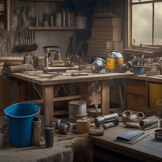 A cluttered but organized workspace with a variety of tools, including a cement mixer, drill, level, and wrench, surrounded by building materials like lumber, pipes, and drywall.
