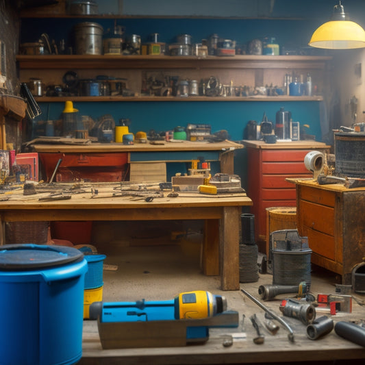 A cluttered workshop with a half-finished renovation project in the background, featuring a central table with a cordless drill, level, and tape measure, surrounded by scattered tools and materials.