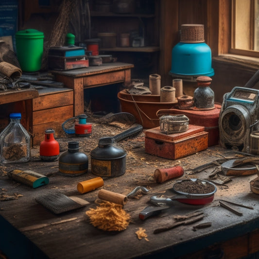 A cluttered workshop table with five different grinders, each with distinct shapes and colors, surrounded by renovation tools and materials like power cords, wood shavings, and metal scraps.