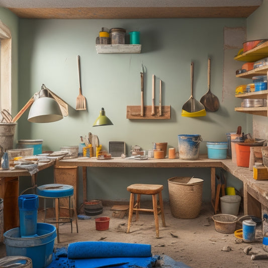 A cluttered but organized workspace with various trowels, buckets of spackling compound, and scattered renovation tools, set against a backdrop of a partially renovated room with exposed drywall.