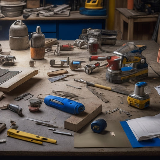 A cluttered workshop table with a variety of tools scattered across it, including a cordless drill, level, tape measure, hammer, and circular saw, surrounded by renovation plans and scattered blueprints.