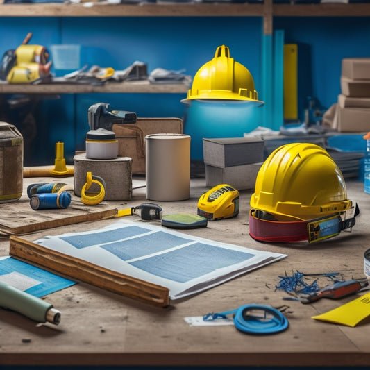 A cluttered workshop background with a yellow hard hat, safety goggles, a cordless drill, a tape measure, a level, a toolbox, and a respirator mask, surrounded by scattered blueprint papers.