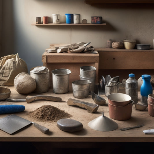 A tidy, organized workspace with a variety of plastering tools laid out on a wooden table, including trowels, scrapers, floaters, and buckets, surrounded by bags of plaster and sand.