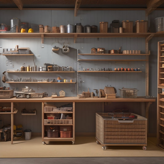 A tidy workshop with a pegboard on the wall, holding various tools and accessories, surrounded by labeled bins, baskets, and a rolling cabinet with open drawers, revealing organized contents.