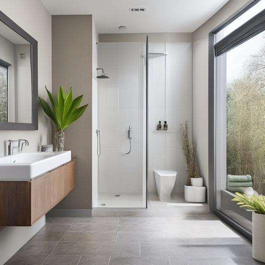 Image of a sleek, modern bathroom with a wall-mounted faucet, rainfall showerhead, and freestanding tub, alongside a kitchen featuring a touchless faucet and undermount sink.