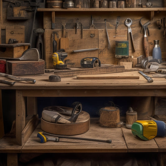 A cluttered, yet organized, wooden workbench with various hand tools scattered across it, including a hammer, tape measure, level, pliers, screwdrivers, and a wrench, surrounded by renovation materials like wood, nails, and drywall.