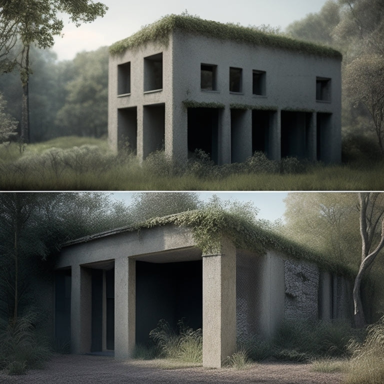 An image depicting a dilapidated concrete block building with crumbling walls, broken windows, and overgrown vegetation, juxtaposed with a architect's blueprint or 3D model of the same building renovated.