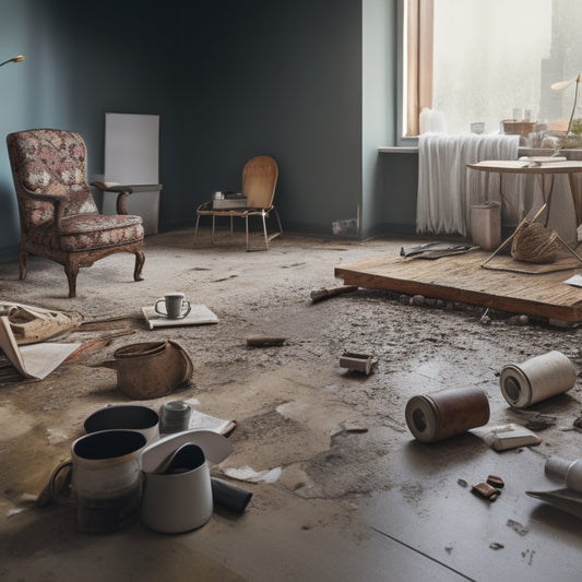 An empty, cluttered living room with torn-out flooring, exposed wiring, and a sledgehammer on the floor, surrounded by scattered renovation plans and empty coffee cups.