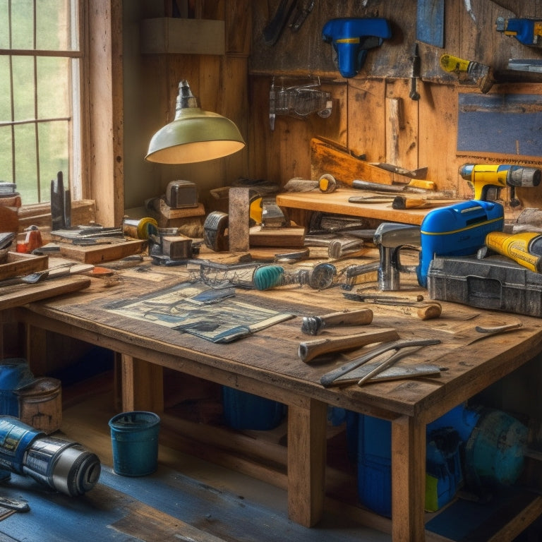 A cluttered workbench with a variety of tools, including a cordless drill, level, tape measure, and wrench, surrounded by scattered blueprints, wooden planks, and a half-finished renovation project in the background.