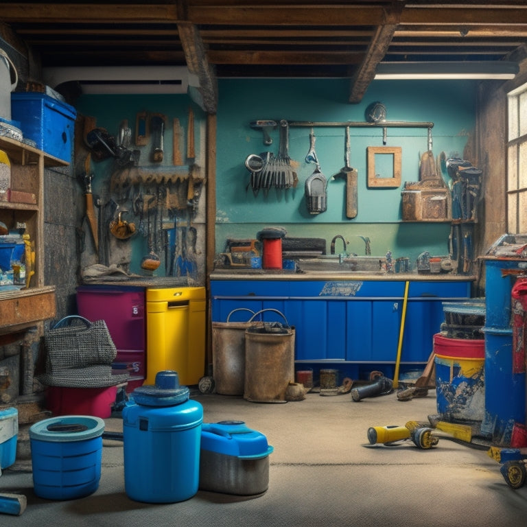 A cluttered garage with various DIY renovation tools scattered around, including a cordless drill, level, tape measure, and wrench, amidst half-painted walls, exposed pipes, and a partially installed epoxy floor.