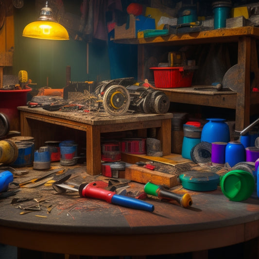 A cluttered workbench with various DIY renovation tools, featuring a selection of colorful cutting wheels in different sizes and types, surrounded by sparks, metal shavings, and a partially cut metal pipe.