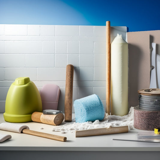 An illustration of a partially demolished wall with various insulation materials visible, including fiberglass batts, spray foam, and rigid foam board, alongside a hammer and measuring tape.