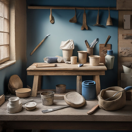 Image of a tidy workspace with various plastering tools arranged on a wooden bench: hawk, trowel, level, mixing bucket, joint knife, putty knife, sanding block, and a nearby wall with smooth, finished plaster.