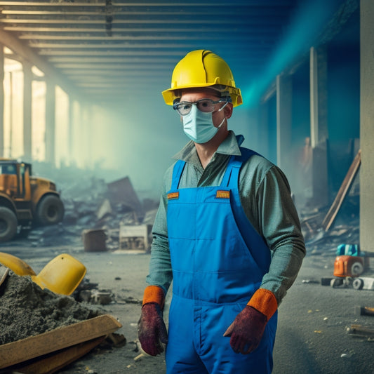 An image depicting a person wearing a hard hat, safety goggles, and a dust mask, standing in front of a partially demolished wall with power tools and debris scattered around.