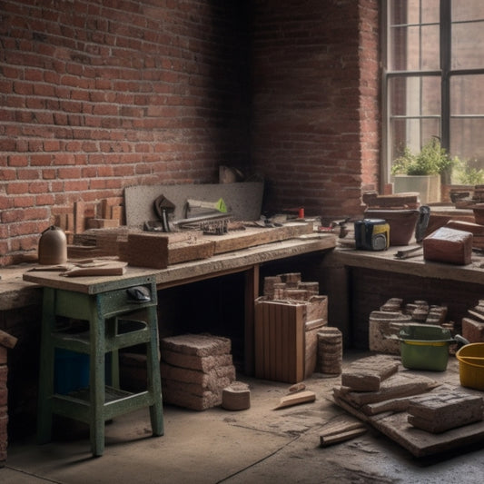 A cluttered workbench with a level, trowel, jointer, and spirit level surrounded by scattered bricks, mortar, and a half-built brick wall in the background.