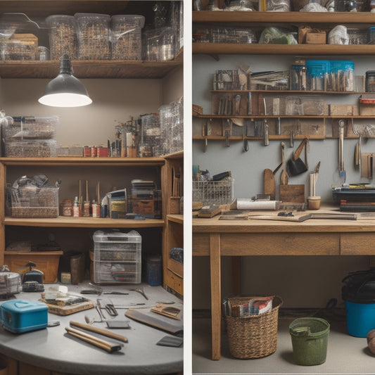 A split-screen image featuring a cluttered workspace with various tools and materials on one side, and a tidy, organized workspace with tools and materials neatly stored on shelves on the other.
