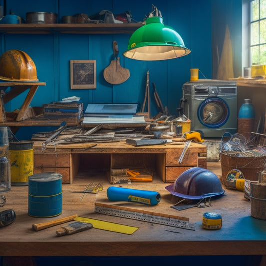 A cluttered workspace with various tools and materials scattered around, including a hammer, tape measure, blueprints, and a hard hat, with a renovated room in the background.