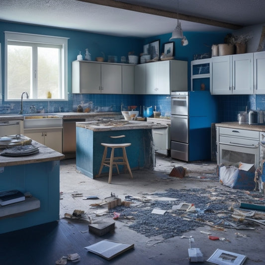 A messy, cluttered room with torn-out flooring, exposed wiring, and demolition debris, contrasted with a partially completed renovation area featuring a sleek, modern kitchen island and a calendar pinned to a wall.