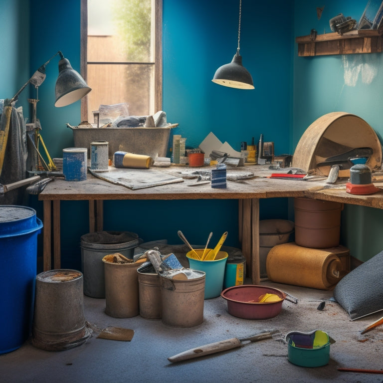A cluttered renovation workspace with various materials and tools scattered around, with a few mixing tools (trowel, putty knife, mixing bucket) placed prominently in the center, surrounded by renovation materials like cement, paint, and drywall.