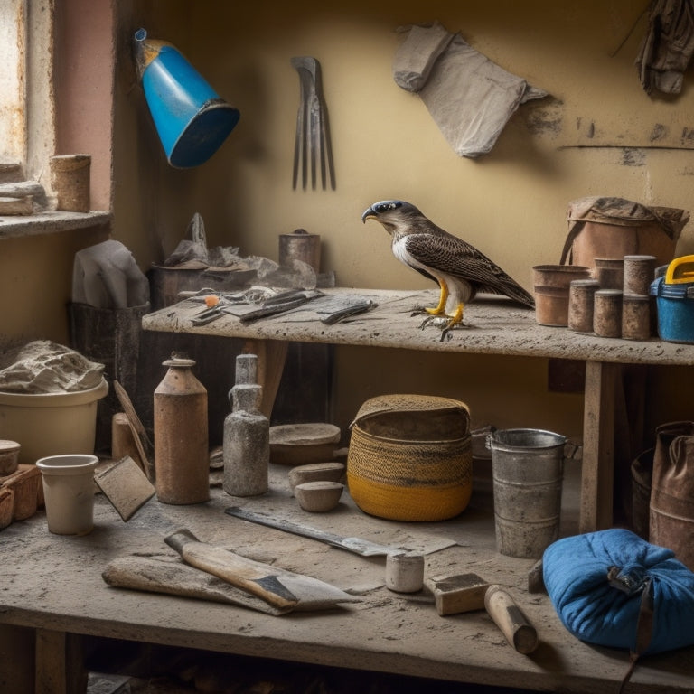 A cluttered workshop table with a variety of plastering tools, including a hawk, trowel, joint knife, and mixing bucket, surrounded by scattered bags of plaster powder and a partially plastered wall in the background.