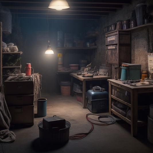 A dimly lit basement with exposed pipes, dusty storage boxes, and a single flickering light bulb, surrounded by scattered renovation plans, measuring tapes, and a concerned homeowner's toolbox.