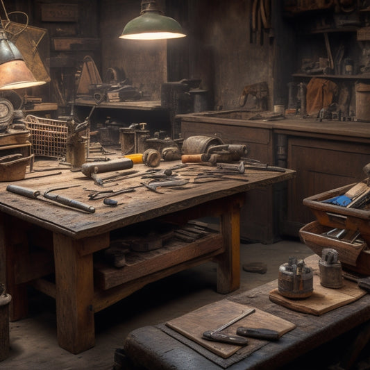 A cluttered workshop background with a worn wooden workbench in the center, surrounded by various finishing tools like sanders, drills, and hammers, with a clipboard and a checklist lying open beside them.