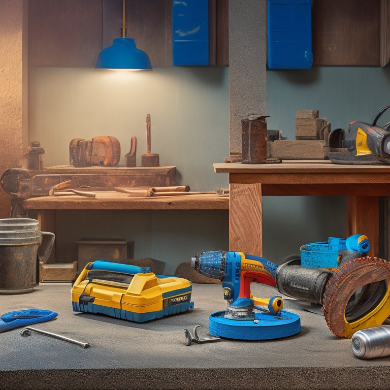 An organized workshop scene with concrete drill, rotary hammer, impact wrench, and angle grinder, surrounded by concrete mix, safety goggles, and a wrench on a workbench with a concrete backdrop.