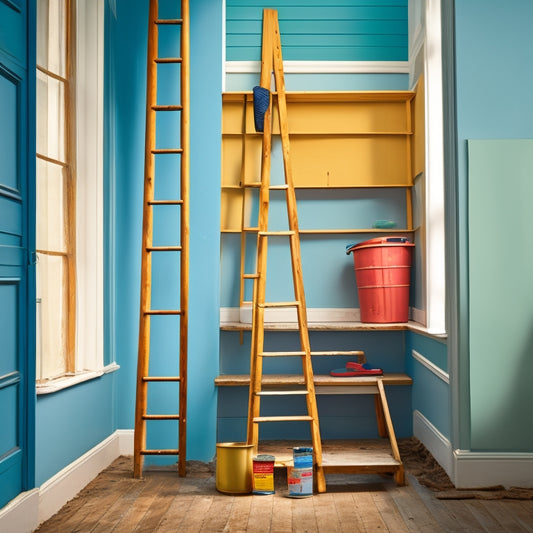 A ladder leaning against a partially renovated house, with a level, a hammer, and a bucket of paint on the top rung, and a person's legs and hands visible from behind, with a subtle hint of caution signs in the background.