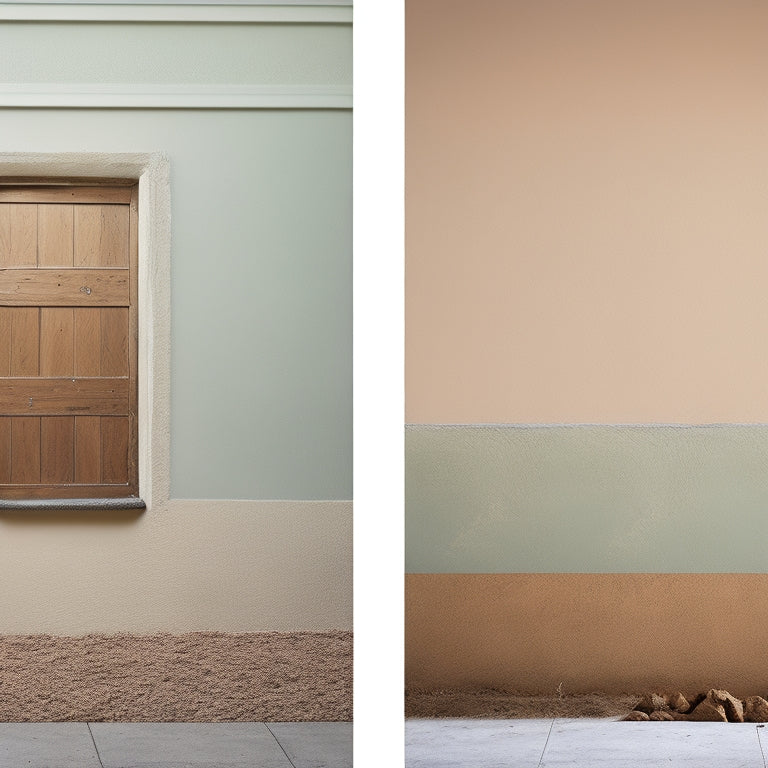 A split-screen image featuring a before-and-after comparison of a block stucco wall renovation: a cracked, worn wall on the left, and a newly renovated, smooth, and painted wall on the right.