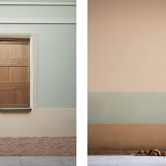 A split-screen image featuring a before-and-after comparison of a block stucco wall renovation: a cracked, worn wall on the left, and a newly renovated, smooth, and painted wall on the right.