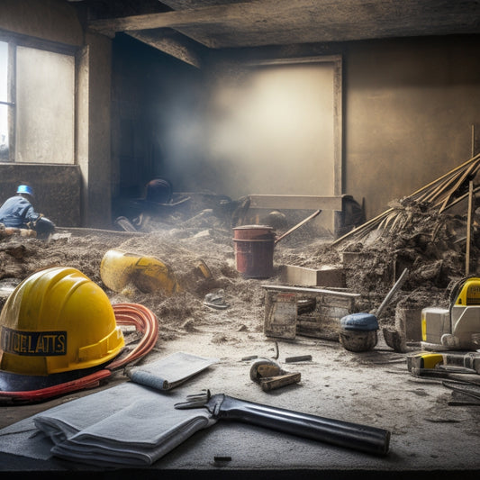 A messy construction site with scattered tools, open walls, and exposed wiring, surrounded by caution signs, hard hats, and safety glasses, with a faint blueprint in the background.