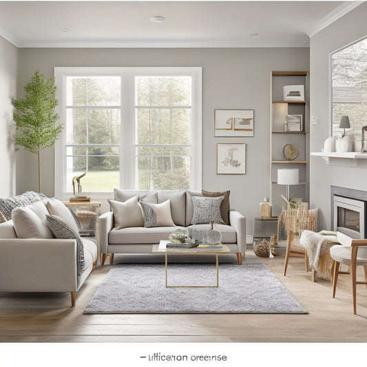 A spacious, modern living room with a partially renovated wall, showcasing a color palette of soft grays, creamy whites, and warm woods, surrounded by scattered design swatches, paint samples, and renovation tools.